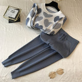 Women Sweater 2 Piece Sets Chic Knit Embroidery Bead Heartshape Pullovers Top + Spring Harem Pants Sport Tracksuits