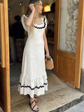 Women Elegant Contrast Spliced Ruffles Hem Long Dress Fashion Square Neck Backless Sleeveless Robes Female Chic Holiday