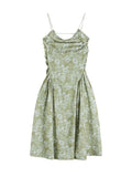 Green Straps Dress Vintage Broken Flowers Folds Sleeveless High Waist French Sexy Fashion Baggy Long Skirt Ladies