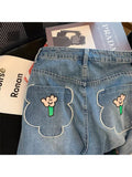 Jeans Women Fashion Vintage Basic Blue Ankle-length Denim Pants Sweet Flower Print Jeans Female Korean Summer 2022