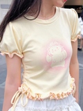 Cartoon T-shirt Bandage Harajuku Slim Waist Tunic Crop Top Women 2024 Summer All Match Sweet Cute Y2k Aesthetic