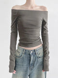 Solid Color Off Shoulder Slim Long Sleeve Tee- Outfit