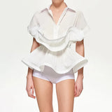 Zingj Summer New Fashion Lapel Flounces Splicing Design Sense Of Waist Show Thin Senior Sense Of Short-Sleeved Shirt