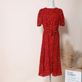 Spring Summer Womens Dress White Polka Dot Chiffon Midi Dress Belt Slim Waist vestido de mujer
