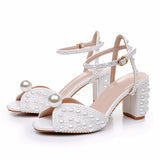 Cm Thick Heel Sandals Square Thick Heel Sandals White Wedding Dress Sandals Pearl Wedding Shoes
