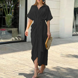 Women's Printed Collar Short Sleeve High-Waisted Long Shirt