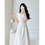 Lace Midi Dresses for Women 2023 New Summer French Embroidery Square Neck Short Sleeve Elegant Fashion Female