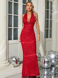 Halter Deep V Neck Sequin Maxi Dress- Outfit