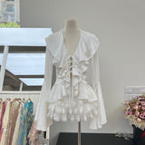 Girls Wind Lotus Leaf Side With Horn Long Sleeves Of A Sit Noodle Shirt + Press Fold Cake Half Skirt 2 Sets Of