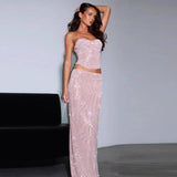 Pink Sequin Tube Top And Maxi Skirt Set- Outfit