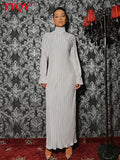 Elegant Turtleneck Gray Women Dresses Casual Fashion Pleatd Long Sleeve Dresses Autumn Loose Ankle-length Dress