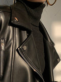 Black Faux Leather Biker Jacket Long Sleeve Zipper Belt Loose Luxury Korean Fashion 2023 Autumn Clothes Women