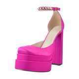 Onlymaker Square Toe Sandals Platform Thick High Heels Solid Mixed Colors Crystal Buckle Stain Sandals Graceful Women