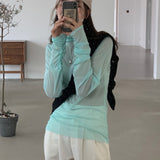 Candy Color Long Sleeve Tees See Through Mesh Top Turtleneck T Shirt Women Green Blue Black Pink Yellow Fall