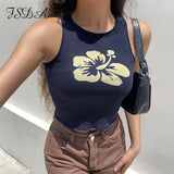 2021 Green Print Casual Crop Top Women Sleeveless Summer Blue T Shirts Off Shoulder Sexy Tank Tops Vintage