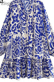 Blue Print Mini Dress Woman Long Sleeve Short Dresses For Women Ruched Loose Women's Dress 2023 Summer Casual