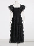 French Elegant Wind And Wood Ear Design Shoulder Dress 2025 Summer New Mesh Wave Dot Long Dress