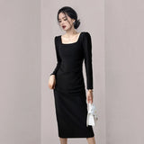 Women Fashion Square Collar Pencil Dress Elegant Slim Waist Female Package Hip Midi Dress Ladies Sheath