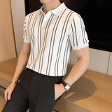 Summer High-End Short-Sleeved Men's Fashion Brand Striped Collar Ice Silk Knitted Half-Sleeved T-Shirt For
