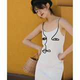 Designer Spaghetti Strap Dress Abstract Art Slip Mini Dress Women Summer Casual Strappy Dress