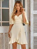 2025 New Women's V-Collar Solid Color Waist Flounce Summer Dress
