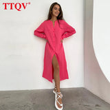 Casual Green Linen Dress Ladies Fashion V-Neck Long Sleeve Slit Midi Dress Elegant Single-Breasted Dresses For
