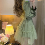 Mini Mesh ruffle Dress Women Korean Long Sleeve Casual Office Ladies Dresses Modis Green 2023 Spring pleated Dress