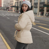 New Winter Female Cotton Jacket Coat Elegant Women Button Belt Outwear Casual Thick Warm Hooded