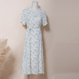 Summer Short Sleeve A-line Midi Dress Floral Printing Lace Up Belt Shirt Dress Woman Chic vestido