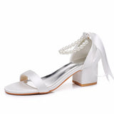 Cm Square Heel Sandals Shallow Mouth With Thick Heel Sandals White Beads Drifted Sandals Bride Wedding
