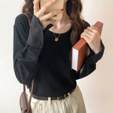 Spring And Autumn White T-Shirt Women's Medium And Long Style Spliced Shirt Sleeves Pure Cotton Loose Long-Sleeved T-Shirt Bottomed