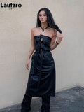 Spring Autumn Cool Black Pu Leather Maxi Skirt Women with Back Slit Belt High Waist Long Luxury Designer Clothes