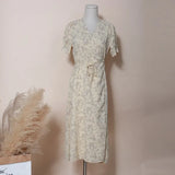 Summer Short Sleeve A-line Midi Dress Floral Printing Lace Up Belt Shirt Dress Woman Chic vestido