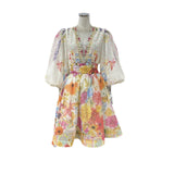 Small Fashion Summer Silk Shemp Print Deep V Collar Lantern Sleeve Dress Holiday Wind Short Skirt