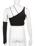 Hollow Out Sexy Irregular Woman Tshirts With One Arm Gloves Slim Black Crop Tops For Women Summer Rave Club