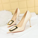 Zingj Korean Version Of Fashion And Slender Thin Heel Shallow Pointed Metal Buckle Single Shoes Women's High