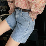 Fashion Summer Half Women Denim Shorts High Waist Belted Loose Female Short Jeans 2021