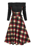 Women Dress Off The Shoulder Lace Up Plaid 2 In 1 Dress Vestidos Autumn Gothic Mixed Media Party