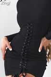 Fashion Patchwork Lace Up Bodycon Black Dress Female Long Sleeve Clubwear Party Dress Bandage Autumn Dresses