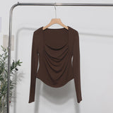 French Style Long-Sleeved T-Shirt Girl Autumn And Winter Collar Folded Folded Body Inside The Bottom Shirt Top