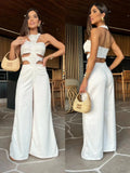 White Sexy Women Bodysuit Backless Round Neck Sleeveless Naked Waist Loose Mop Pants Jumpsuit Fashion Summer