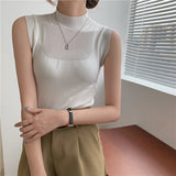 Sleeveless Knit Top Women Turtleneck Summer Korean Fashion Bodycon Corset Tank Top White Beige Khaki Fashion Top