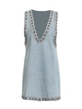 Fashion Heavy Industry Design Dress Women 2025 Summer New V Collar Drill Splicing High-End Sense Slings Denim