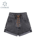 High Waist Shorts Jeans 2022 Women Korean Fashion Streetwear Y2K Female Strappy Cross Wide Leg Baggy Short Denim