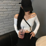 Sexy Off Shoulder T Shirt Women Fashion Casual Solid Color Tshirt Trendy Slim Crop Tops New Long Sleeve