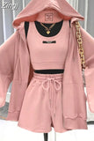 Shorts Three 3 Piece Sets Women Vest Drawstring Shorts Hooded Zipper Jacket Sportswear Suits Female Solid Sports