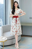 Elegant Chiffon Midi Dress Women's New Summer Fashion Temperament Thin Clothes V-neck Lace-up Floral Korean Female
