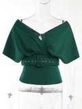 Batwing Sleeve Folds Tops Women Y2K Vintage Deep V Neck With Belt Sexy Korean Fashion Casual Chic Female Shirts
