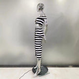 New Black And White Striped Bandage Skirt Fashion Show Shoulder Dress Two Sets Of High Street Party