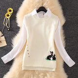 Student College Wind Sweater Vest Female Cartoon Pattern Embroidery Round Neck Sleeveless Irregular Sweater Vest